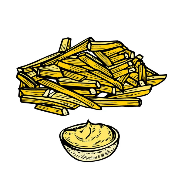 Patata Frita Con Palo Aislado Sobre Fondo Blanco Ilustración Grabado — Vector de stock