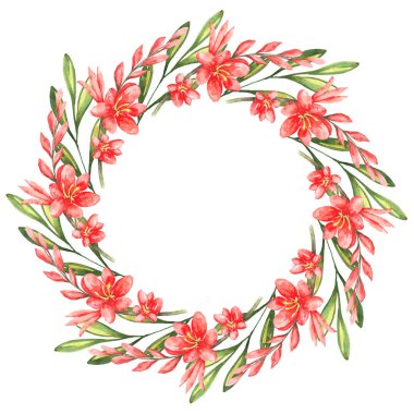 İhale twigs çelenk çiçek montbretia ve yeşil yaprakları ile