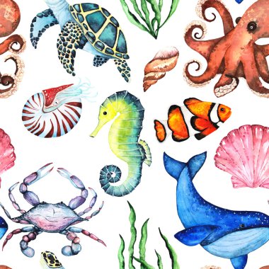 Denizatı, ahtapot, Nautilus, yengeçler, kabukları, Clownfish, kaplumbağalar, balinalar ve yosunlar beyaz arka planda deniz tasarım için mükemmel Handpainting suluboya Bright benzer Paterrn