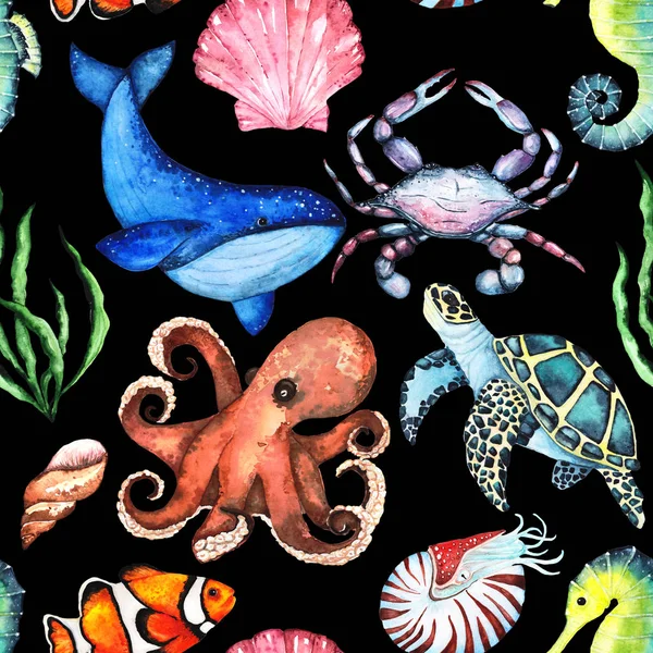 Handpainting Aquarel Bright Soortgelijke Paterrn Zeepaardjes Octopussen Nautilus Krabben Schelpen — Stockfoto