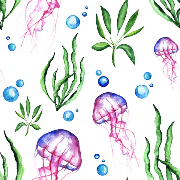 Akvarell ljusa Paterrn med Jellyfih och tång och bubblor — Stockfoto