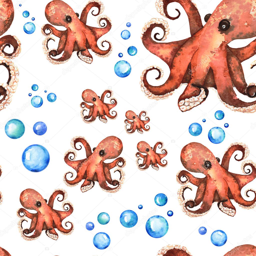 Handpainting Watercolor Bright Similar Paterrn with Different Brown Octopuses and Blue Bubbles on white background perfect for sea design