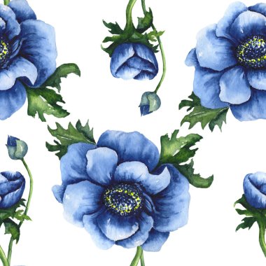 Sulu boya parlak sonbahar Paterrn mavi Anemona çiçek ve düğmeler