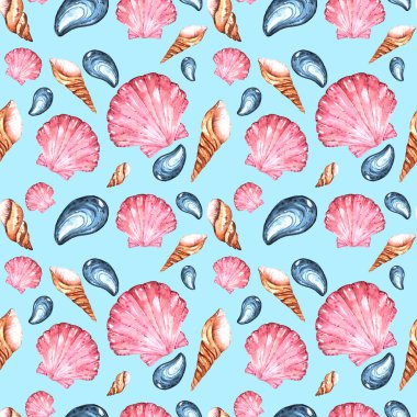 Farklı deniz kabukları ile sulu boya parlak Paterrn