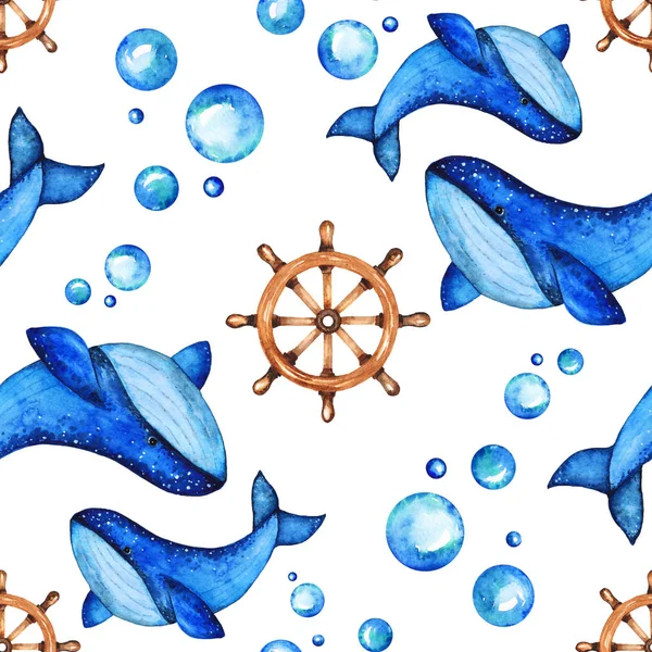 Acuarela brillante Paterrn con grandes ballenas azules y ruedas y burbujas — Foto de Stock