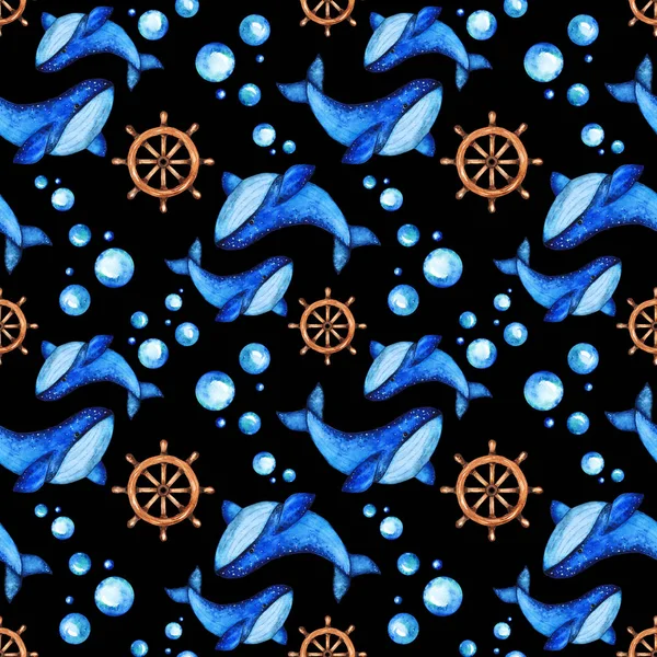 Acuarela brillante Paterrn con grandes ballenas azules y ruedas y burbujas — Foto de Stock
