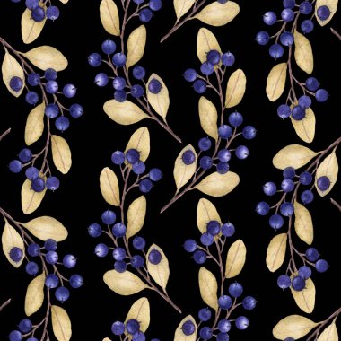 Yaban mersini ile kurutulmuş sonbahar yaprakları ince suluboya dalları yerleştirilir siyah bir arka plan üzerine açık bir sırayla için mükemmel çiçek veya Şükran tasarım