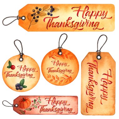 Şükran günü tasarım için 5 suluboya etiketi kartları ayarla