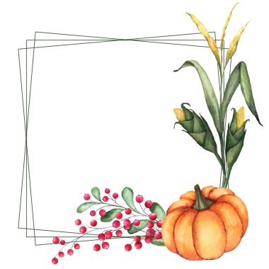 Square frame with lines and bright watercolor illustrations of orange pumpkin, red cranberry and corn stalk perfect for thanksgiving design clipart
