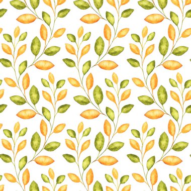 Beyaz arka plan mükemmel tekstil veya ambalaj çiçek veya Thankgiving tasarım üzerinde yeşil ve sarı yaprakları ile sonbahar şube suluboya resimler seamless modeli