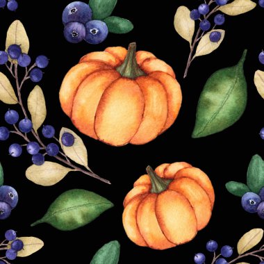 Dikişsiz desen suluboya resimler sonbahar yaprakları, dalları, çilek, kabaklar siyah arka planda Şükran tasarımı için mükemmel