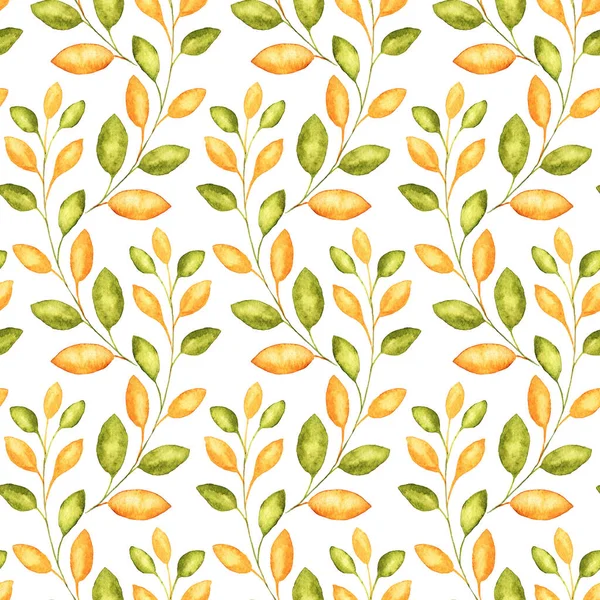 无缝的模式与水彩插图秋季树枝与绿色和黄色叶子在白色背景完美的纺织或包装花卉或感恩节设计 — 图库照片