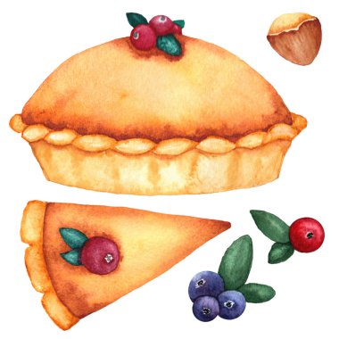 İştah açıcı kabak pasta pişmiş kabuk ve parlak kırmızı kızılcık, yaban mersini ve suluboya elle boyanmış fındık ile pasta bir dilim ile Şükran günü tasarımı için mükemmel