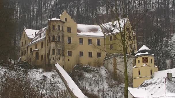 Маленький Замок Взимку Біля Лісу Димоходом — стокове відео
