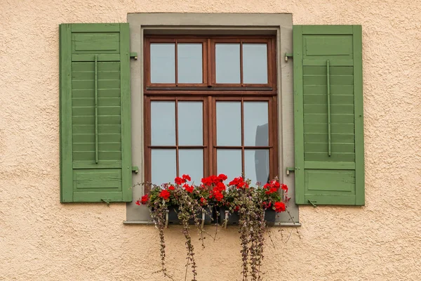 Yeşil Panjur ve kırmızı çiçekli bir çiçek kutusu içeren pencere