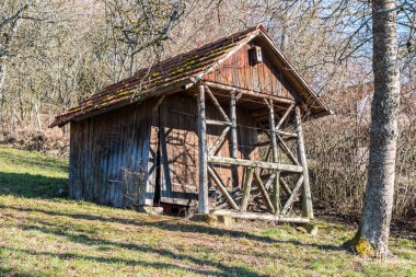 Çimen ve ağaçlarla bahçenin ortasında küçük hovel