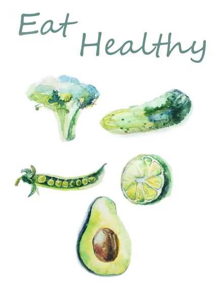 Akvarelu Sada Pěti Zelené Zeleniny Jsou Vápno Brokolice Okurka Avokádový — Stock fotografie