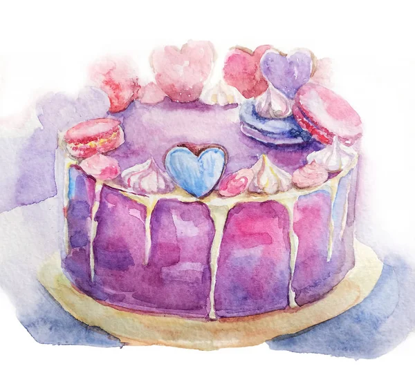 Розовый Фиолетовый Торт Макаронами Сладкие Голубые Сердца Вкусный Крем Красный — стоковое фото