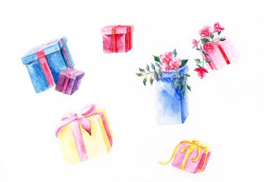 colorful set of gft boxes holidays birthday present box with flowers box with roses blue gift box yellow box with pink bow violet gift box red gift box. Watercolor clipart
