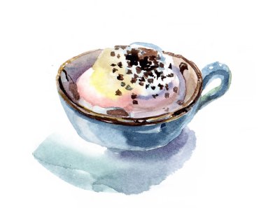 Vanilla ice cream with chocolate in blue cup watercolor food illustration sweet delicios dessert ceramic dishes etnic  clipart