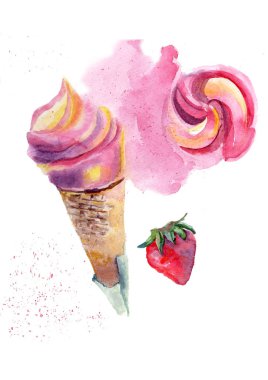 Kırmızı sweetty strawberrie renkli çöl suluboya sanatçısı parlak boya renkli dondurma dondurma pembe ve mango üzerinde gözleme Kupası