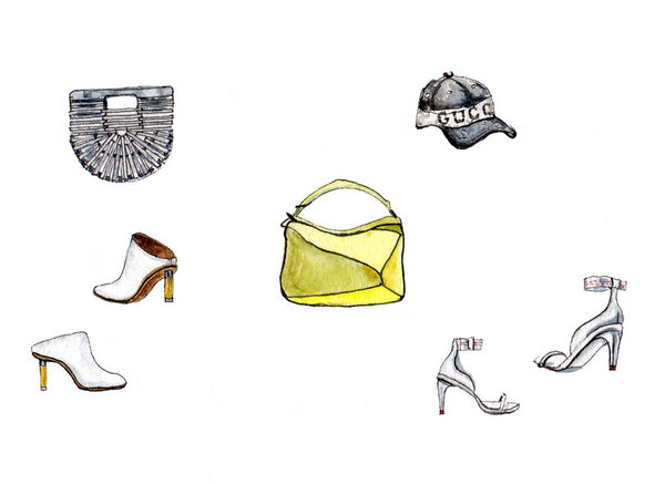 Мода тенденции аксессуары сумка обувь белые сандалии обувь ITgirl желтый мешок соломы мешок красный. Акварельная мода
