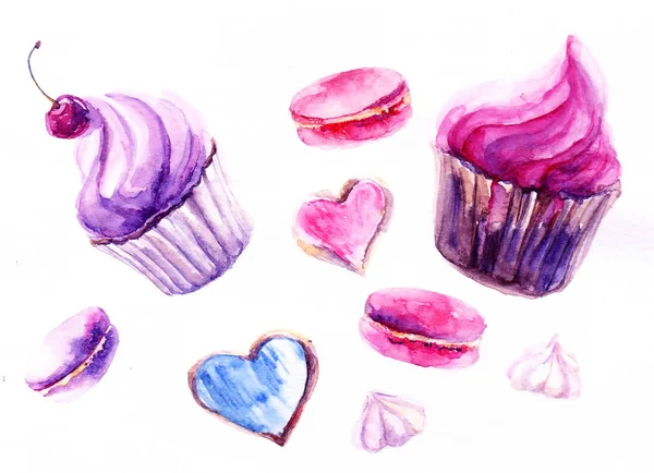 Lila Rosa Desserter Mandelbiskvier Välsmakande Kaka Capcake Färgglada Öken Akvarell — Stockfoto