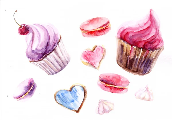 Lila Rosa Desserter Mandelbiskvier Välsmakande Kaka Capcake Färgglada Öken Akvarell — Stockfoto