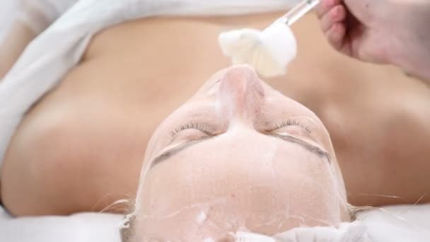 Clínica de beleza. Mulher jovem recebe procedimento facial profissional. Cosmetologist espalha máscara no rosto feminino com uma escova . — Vídeo de Stock
