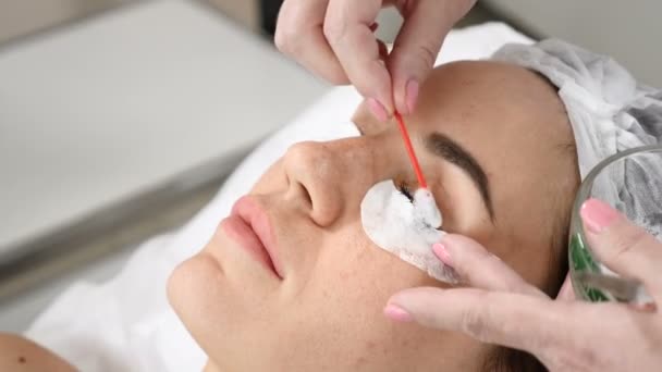 Mujer bonita joven recibiendo procedimientos en el salón de belleza. Joven hermosa mujer morena acostada en el sofá. Cosmetólogo usando espuma de limpieza facial en las pestañas — Vídeo de stock