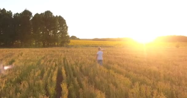 Lycklig barndom koncept. Flygfoto över Söt blond pojke kör igenom ett besådda fält med en leksak plan i händer. — Stockvideo