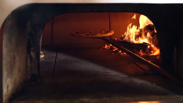 Pizza sendo assado em forno de piza-pão tradicional queima de madeira restaurante. Chef fabricante de pizza cozinhar pizza no restaurante cozinha aberta . — Vídeo de Stock