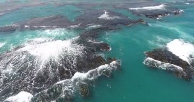 Hava dron kuşlar göz görüş video dalgalar deniz ve kayalar, turkuaz su. tropik cennet Pasifik atoll Adaları. Üstten Görünüm. 4 k'dan fazla vurdu