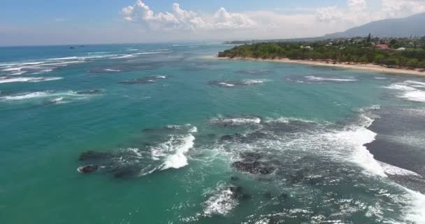 Antenowe drone ptaki oko Zobacz wideo na fale morskie i skały, turkusowa woda. tropikalny raj Pacyfiku atoll wyspy. Widok z góry. Strzał w 4k — Wideo stockowe