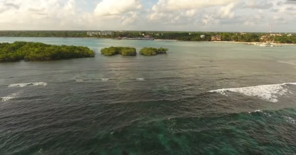 空中ドローン海の波と岩、青緑色の水に鳥の目のビューのビデオ。熱帯の楽園の太平洋の環礁の島。平面図です。4 k で撮影します。 — ストック動画