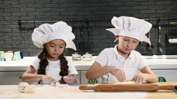 Kinder kochen in der Küche. Zwei kleine Kinder in Kochmützen rollen lächelnd Teig. 4k — Stockvideo