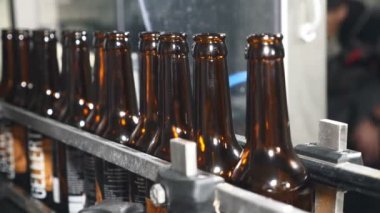 Boş şişe bira fabrikası'nda teknolojik bir satırındaki satır stand. Şişe Konveyör bant cam şişe Fabrikası'nda devam edelim. 4k