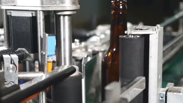 食品業界。自動ビール瓶詰めライン。ラベルを適用します。ビール瓶のラベルを貼り付ける機械。空のボトルは、醸造所の技術行に移動します。4 k — ストック動画