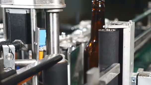 Industrie alimentaire. Ligne d'embouteillage automatique de bière. Appliquer l'étiquette. Machine pour coller des étiquettes pour bouteilles de bière. Bouteilles vides se déplaçant sur une ligne technologique dans la brasserie. 4k — Video