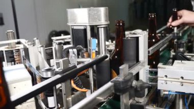 Gıda Sanayi. Otomatik satır şişeleme bira. Etiketi uyguladığınız. Bira şişeleri için etiket yapıştırma makinesi. 4k