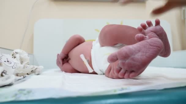 新生的女婴躺在背上。婴儿在踢和伸展腿, 在打手指。特写镜头拍摄在新生脚的微小鞋底。医生触摸脚, 并把手放在出汗的腿上。4k — 图库视频影像