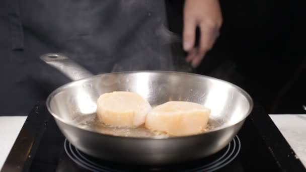 Voedsel concept. Professionele chef-kok in handschoenen frituren van Sint-jakobsschelpen in slow motion. Wolken van witte stoom hierboven. Close-up. HD — Stockvideo