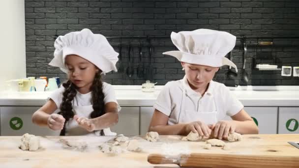 Schattig schoolkinderen spelen met deeg en meel in keuken. Jonge chef-koks werken samen. 4k — Stockvideo