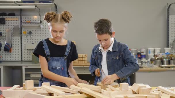 Młody dzieciak masters w warsztacie. Trochę pojęcia konstruktora. Dzieci pracujących w meblarstwie. chłopca młotkiem gwóźdź w drewniane deski. Dziewczyna w fartuch, grając z drewna. 4k — Wideo stockowe