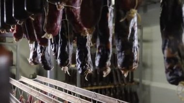 Et ve sucuk üretim. Soğuk hava depo tesisi yapım sosis et ürünleri işleme. Et işleme fabrikası'nda depolama odasında rafları sosis füme. 4k