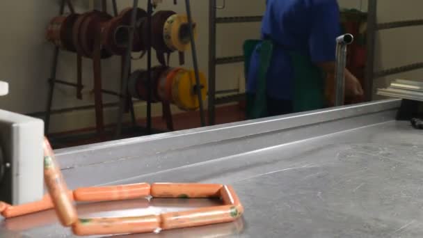 Industrial sausages production process at meat and sausage making plant. Sausage production line. Sausage factory workers produces boiled sausages. Sausage production line in modern meat factory — Stock Video