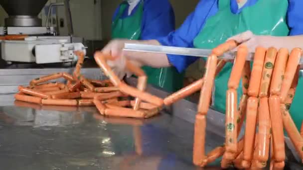 Proceso de producción de salchichas industriales en la planta de fabricación de carne y salchichas. Línea de producción de salchichas. Los trabajadores de la fábrica de salchichas producen salchichas hervidas. Línea de producción de salchichas en la moderna fábrica de carne — Vídeos de Stock