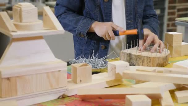 Children Play Craft Workshop Cute Little Boy Hammering Nails Closeup — Stock Video