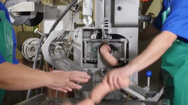 Kan ve et işleme tesisi. Erkek çalışma sosis üretim hattı eller. sosis conveor et fabrikasında son parçası. 4k — Stok video