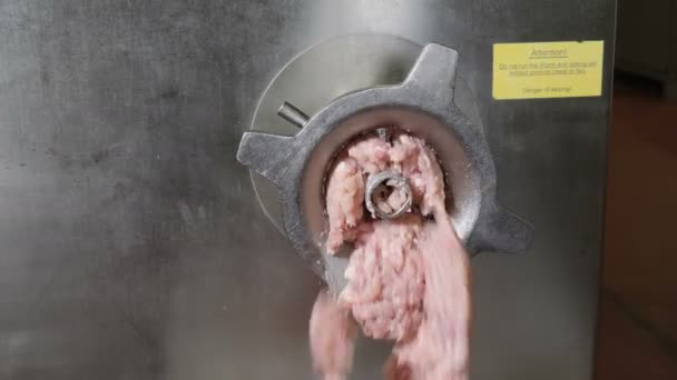 Proceso de producción de salchichas industriales en la planta de procesamiento de carne y salchichas. Equipo de la fábrica de carne. Línea de producción de salchichas. Máquina picadora de carne enorme amoladora produce carne picada. 4k — Vídeo de stock